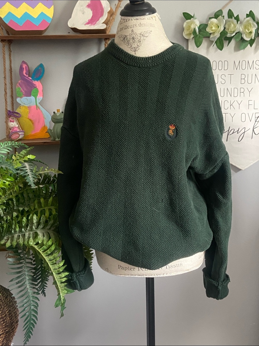 Vintage Chaps Ralph Lauren LARGE Classic Forest Green Oversized Crewneck Sweater